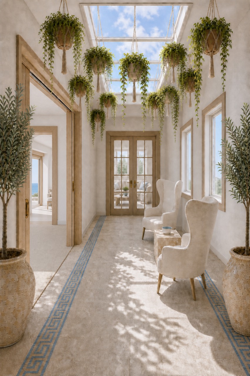 Front extension concept looking along the skylit hallway toward French doors