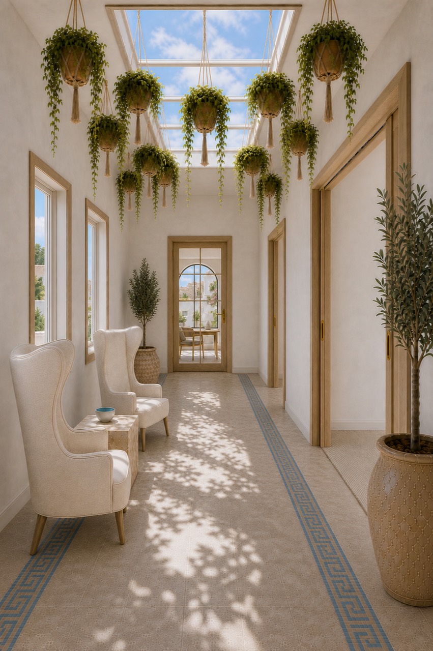 Front extension concept looking along the skylit hallway toward the study and entrance