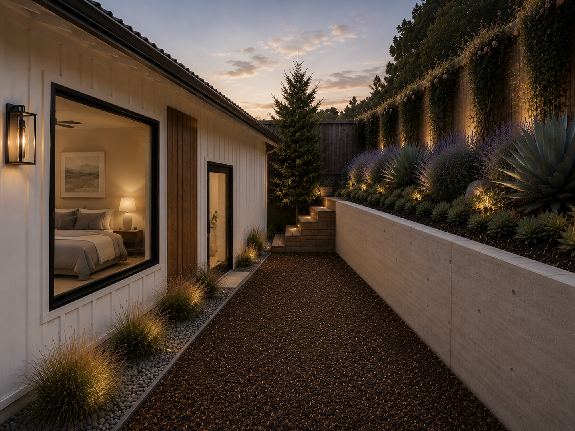Proposal concept showing the new concrete retaining wall beside the rear bedroom addition